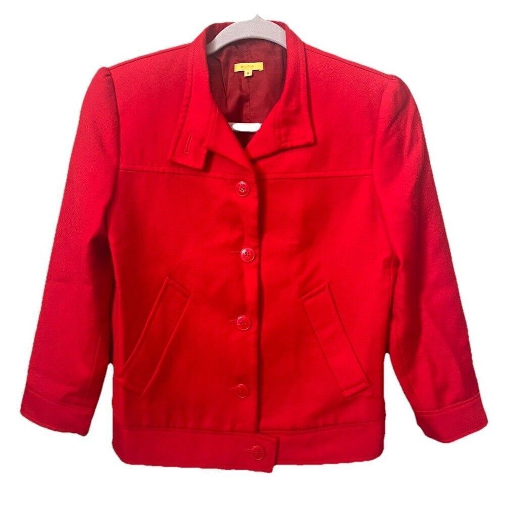 Glow Wool Jacket Women’s Size 4 Red Lined Pockets Blazer Jacket Italy - Picture 2 of 9